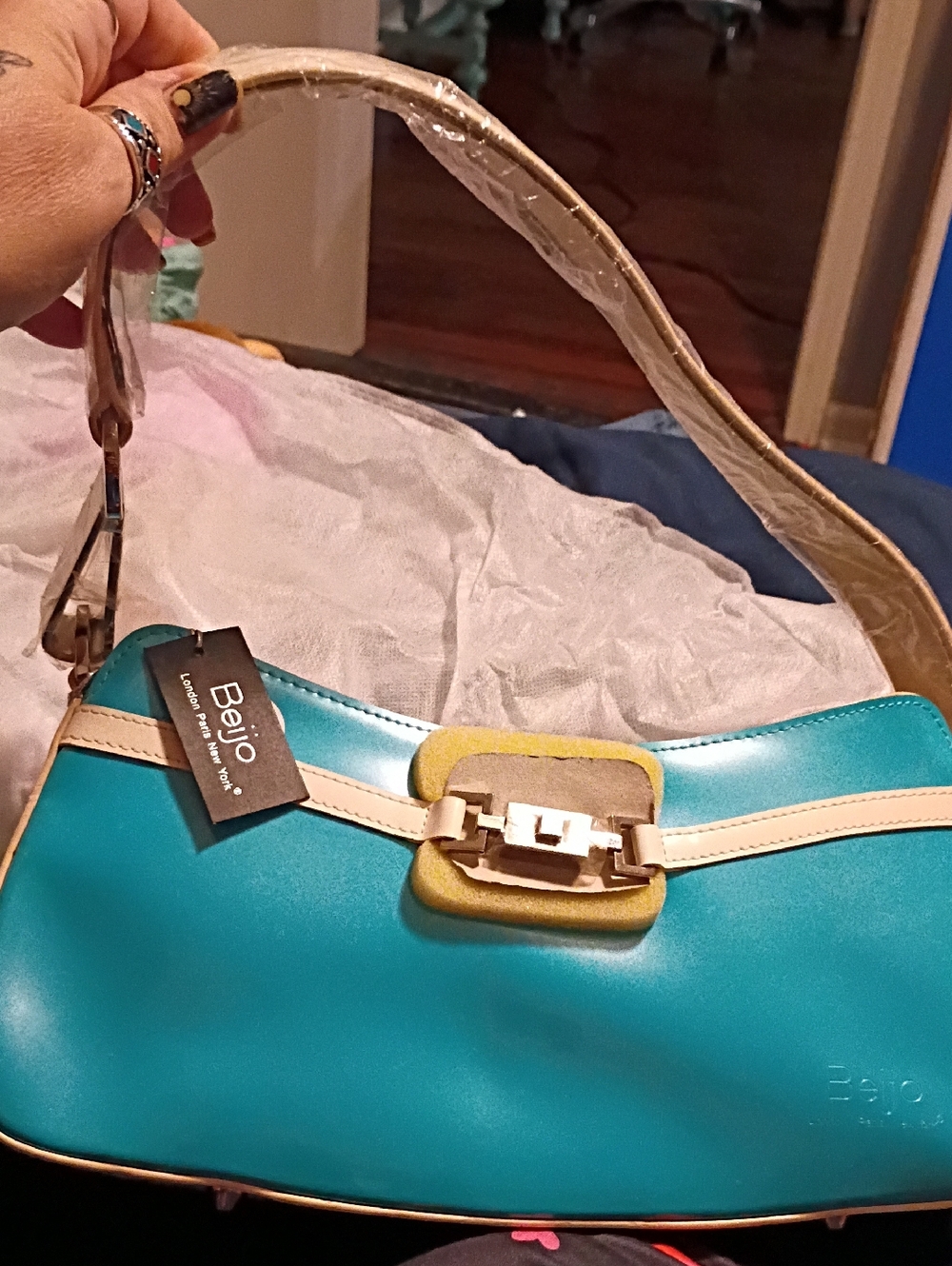 Beijo Teal Shoulder Bag with Cream Trim and Yellow Accent